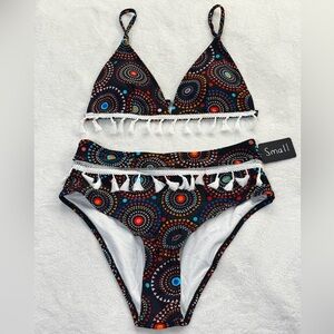 Cupshe Fireworks Black and Multicolor Tassel High waisted Bikini Set. Size Small